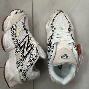 New Balance White and Black Leopard Print Sneakers